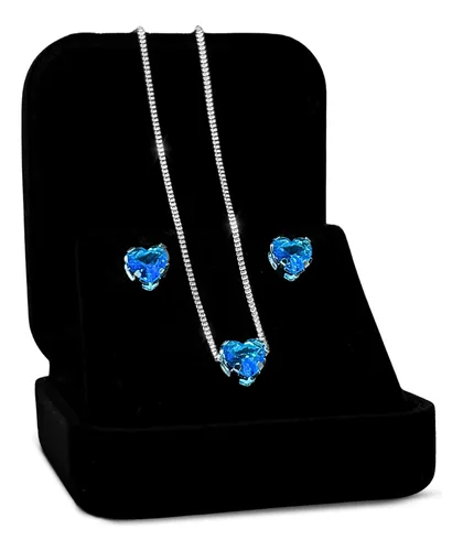 Colar + Brinco Coração Azul Prata 925 Maciça Feminino Luxo